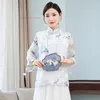 エスニック服2024伝統的な中国のヴィンテージブラウス女性ナショナルフラワープリントシフォンQipaoオリエンタルレトロサービスハンフ