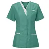 Women's T Shirts Uniform Scrubs Tops V-neck Short Sleeve Pockets Overalls Patchwork Color Nursing Working Workwear