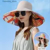 Wide Brim Hats Bucket Hats 18cm large Brim womens sun hat luxury double-sided wearable plant printed cotton bucket C light breathable summer top hat L240402