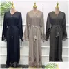 Abbigliamento etnico Kimono manica pizzo ricamo cardigan abito cerniera aperta Abaya caftano Jilbab abito donna musulmano islamico outwear Eid Dro Dhxf7