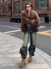 Dżinsy damskie Eddachic 90s Retro Chłopak workowate kobiety w trudnej sytuacji w talii szerokie nogi podwójnie paski swobodne spodnie hip-hopowe spodnie