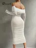 Klänningmecb solid mesh vit midi klädkläder från axel långa ärmar höstklänning backless ruched sexig fest vestido 240319