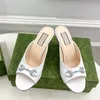 Desginer Lady High Heel Sandals Horsebit Crystal Heels Silk Slipper Satin Mules Heels Shoes Leather Heels 8cm Open Toe White Black Leathers Summer Beach Slippers