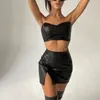 Arbeitskleider im Sommer, schwarzes PU-Leder, trägerloses, kurzes Top und Rock, zweiteiliges Set, Y2k-Streetwear, sexy Kleid-Sets, 2024, weiblicher Anzug