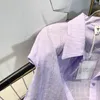 Camicette da donna Estate Camicia senza maniche corta con strass viola Dolce Cravatta con scollo a pieghe Retro Bottone a maniche lunghe Camisas Mujer