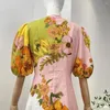 Partykleider Ankünfte Frühling Sommer Blumenmuster O-Ausschnitt Kurze Puffärmel Hochwertiges Leinen Damen Midikleid