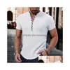 Camicie casual da uomo Camicia di lino da uomo Estate Henley Nero Bianco Vino Manica corta Tinta unita Scollo a V Abbigliamento quotidiano Drop Delivery Apparel Dh8Ad