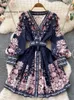 Casual 2023 2024 Dresses Fashion Paisley Flower Dress Women's V Neck Long Lantern Sleeve Floral Print Buttons Down Sashes Short Mini Vestidos estidos