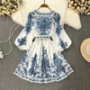 Womens Fashion Autumn Blue Print Vneck Long Sleeve Bohemian Dress Elegant Belt Lantern Holiday Vestidos 240320