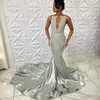 2024 Silver Prom Dresses For Black Women Rhinestones Evening Dresses Elegant Mermaid Formal Gowns Birthday Party Dress Second Reception Engagement Dress AM495