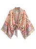 Boho Vintage Blumendruck Strand Sommer Kurzer Kimono Damen Mode Damen Casual V-Ausschnitt Fledermausärmel Böhmische Vertuschungen 240315