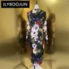 Sıradan elbiseler ilyboojun moda tasarımcısı 2024 bahar ipek elbise kadın o boyun boyunlu uzun kollu çiçek baskısı ince vintage parti