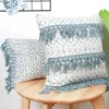 Kudde blå rand tuftade kastkuddar täcker marockanska dekorativa fodral med tofsar för soffan soffa sovrum vardagsrumsdekor