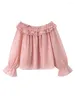 Kvinnors blusar 2024 Spring Pink Elegant Women Off Shoulder Blus Ruffled Edge Female Casual Slim Short Shirt Y2K Crop Top