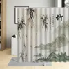 Cortinas de chuveiro pintura de tinta chinesa paisagem de bambu decoração de casa cortina de banheiro verde à prova d'água com conjunto de ganchos