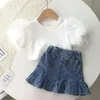 Zomer Meisjes Denim Geplooide Minirok Voor Tieners Korte Rok Elegante Leuke Zoete Meisje Ruches Denim Rok Kinderen Peuter Kleding 2-10T 240325