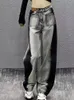 Женские джинсы в стиле ретро, серые, черные контрастные джинсовые брюки с высокой талией, свободные широкие брюки 2024, осенняя модная одежда