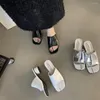 Slippers 2024 Summer Open Toe Tabi Ninja Women Round High Heels Slides Shoes Female Split Flip Flops Woman Silver Sandals