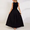 Casual Dresses Summer Women's Elegant Black Long Tank Dress O Neck Sleeveless 2 Färger med fickor