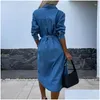 Grundlegende Freizeitkleider Frauen 2024 Frühling Feste Taste Denim Kleid Einfache Umlegekragen Schnürung Büro Elegante Langarm Drop Delive DHN5C