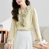 Kvinnors blusar 2024 Spring Autumn Long Sleeved Chiffon Blus V Neck Ruffles Women Topps Casual Loose White Shirt