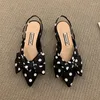 Robe chaussures été femmes pompes mode peu profond bowknot slingbacks noir et blanc plaid pois talons sandales basses sandales