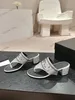 Women Desinger Thong Slippers embellished crystals sandal interlocking C Fashion Discount Pump block mid heels slides full diamonds mule summer Shoes home slider