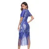 Verão nova moda de luxo feminino vestido de renda com decote em v manga curta borla inferior envolto hip vestido S--2XL