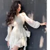 Casual Dresses French White Chiffon Mini Dress Woman Elegant Beading Off Shoulder Long Sleeve Ruffles Hollow Out Spring Female J088