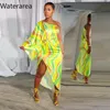 Casual Jurken Waterarea Vrouwen Wave Gestreepte Een Schouder Lange Mouw Hoge Kant Split Strik Gedrapeerde Bodycon Maxi Jurk Sexy vestidos