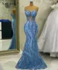 Abiti da festa Moda africana Blu lungo scintillante Sirena da sera Glitter Cristalli Occasioni formali Abiti da sposa corsetto da donna