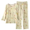 Home Kleding Lente / Zomer Pyjama's in Chinese stijl voor dames, broek met lange mouwen, dunne bamboe-katoen, dubbellaagse gaasset