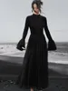Casual Dresses UMI MAO Court Style Velvet Dress For Women Autumn Winter Dark Black Patched Lace Flare Sleeves Long Femme