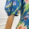 Party Dresses 2024 Summer Autumn Vintage Blue Botanic Flowers Printed Short Sleeve Midi Dress Women Fashion Clothes