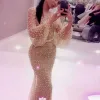 女性パフの魅力的なイブニングドレス長袖シャンパンパールo首の床の長さマーメイドドレスプロムパーティーガウン