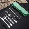 Modisches Edelstahl-Besteck-Set, tragbares Besteck-Set für Outdoor-Reisen, Picknick, Geschirr-Set, Metall-Strohhalm mit Box und Tasche, Küchenutensilien