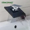 Rubinetti per lavabo bagno YANKSMART Rubinetto con bocca a cascata in ottone e vetro nero Rubinetti miscelatori per lavabo cromati da piano