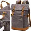 Backpack Waxed Canvas Waterproof Leather Mens Camping Travel Roll Top Rucksack 16 Inch Laptop Bag Vintage Students School Bags