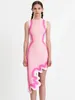 Modphy 2024 Asymmetrical Wavy Hem Round Collar Devise Tie Dyeing Printing Pink Knit Sleeveless Dresses Female Knitting Vestido 240327