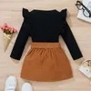 Clothing Sets Toddler Infant Baby Girl Two Pieces Outfits Long Sleeve Ribbed Ruffle Pullover Tops Corduroy Bowknot Elastic Waist Skirt Set