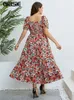Urban Sexy Dresses GIBSIE floral print square neckline puff Slve dress for women plus size vacation bohemian beach pleated hem A-line summer long dress 2024 Y240402