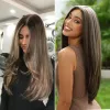 Wigs Haircube Lang recht bruin gemengd blond Hoogtepunt Synthetische pruiken Natuurlijke haarlijn kanten voorpruiken voor vrouwen dagelijks cosplay haar