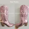 Boots Pink Cowgirl Boots Women Western Boots Brand New 2022 Winter Ambroidery مدببة إصبع القدم رعاة البقر نساء الركبة أحذية عالية الأحذية