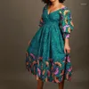Casual Kleider Frauen Kleid Mode Oversize Damen Büro V-ausschnitt Langarm Positionierung Druck Mittellange Afrikanische A-linie