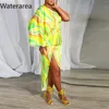 Casual Jurken Waterarea Vrouwen Wave Gestreepte Een Schouder Lange Mouw Hoge Kant Split Strik Gedrapeerde Bodycon Maxi Jurk Sexy vestidos