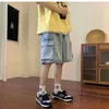 Men's Shorts Fashion casual retro blue cargo Hong Kong style loose large pocket denim shorts mens summer slim fit fashionable washing five point casual pantsC240402