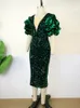 Party Dresses Sequin Dress Bodycon Sexy Deep V Neck Puff Sleeve Retro Vintage Green Red Velvet Tight Midi Sparkly Cocktail Club Wear