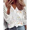 Women's Blouses V Neck Long Sleeve Crochet Lace Shirts White Simple Blouse 2024 Hollow Elegant Shirt Loose Office Lady Tops 28618