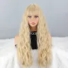 Perucas longas loiras onduladas em perucas sintéticas para mulheres, perucas de cabelo natural amarelo com franja resistente ao calor Cosplay lolita diariamente cabelos encaracolados