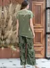 Thuis Kleding 2024 Lente Tweedelige Groene Print Pyjama Set Vrouwen Modieuze Satijnen Homewear Elastische Taille Broek Dame Zomer 2 stuks Nachtkleding